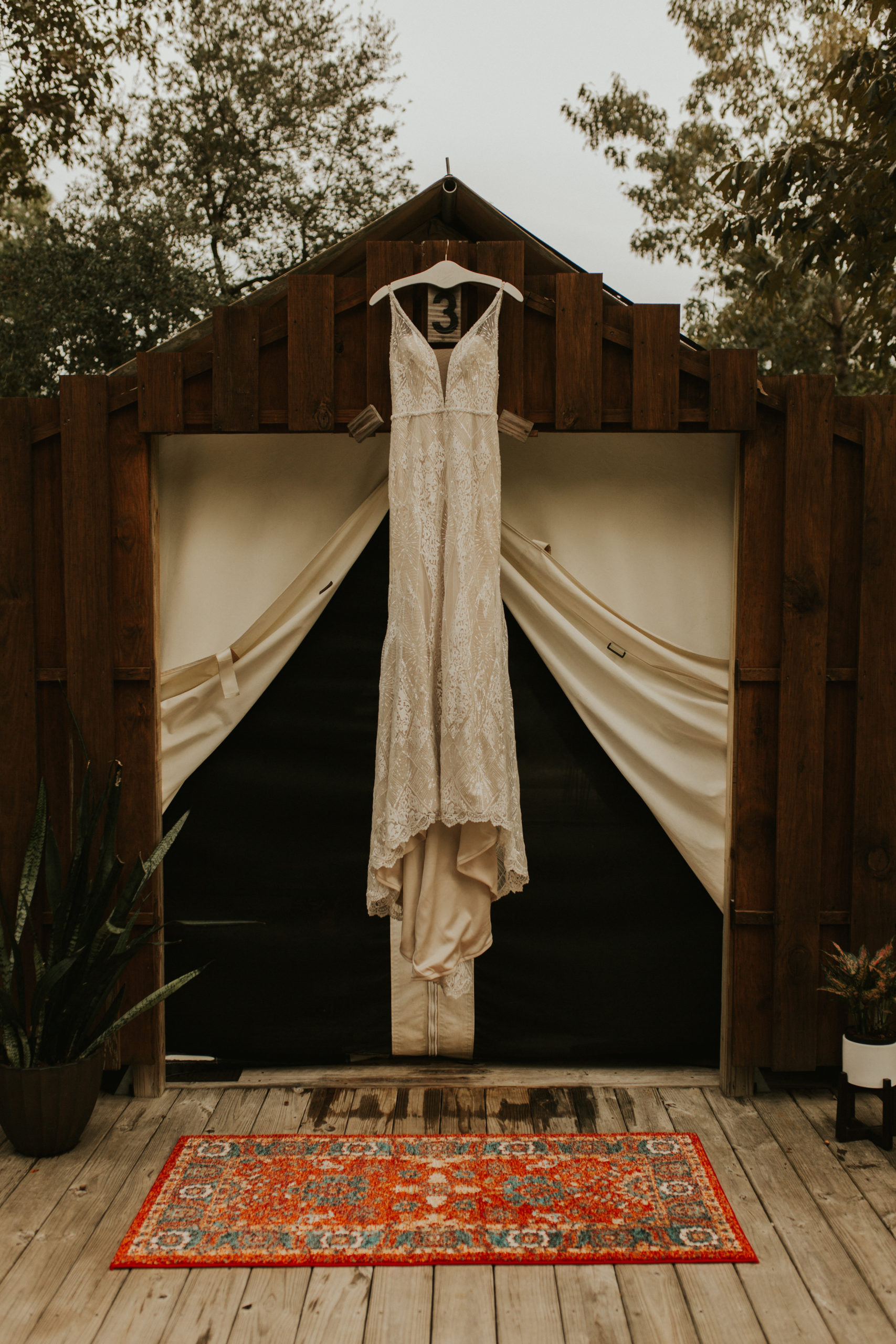 Wedding Dress Hanging on Tent