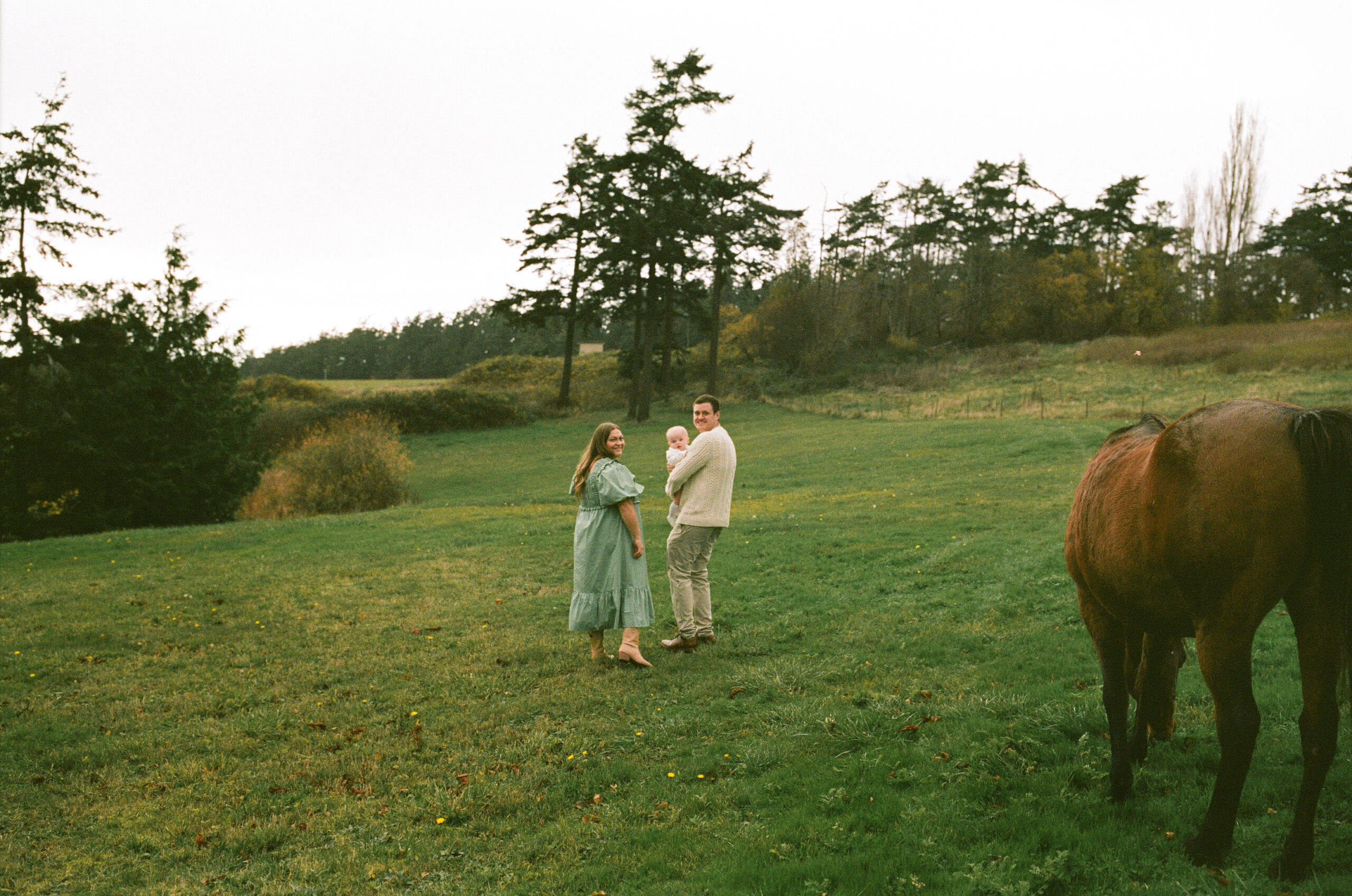 Family Walking through Field with Horse